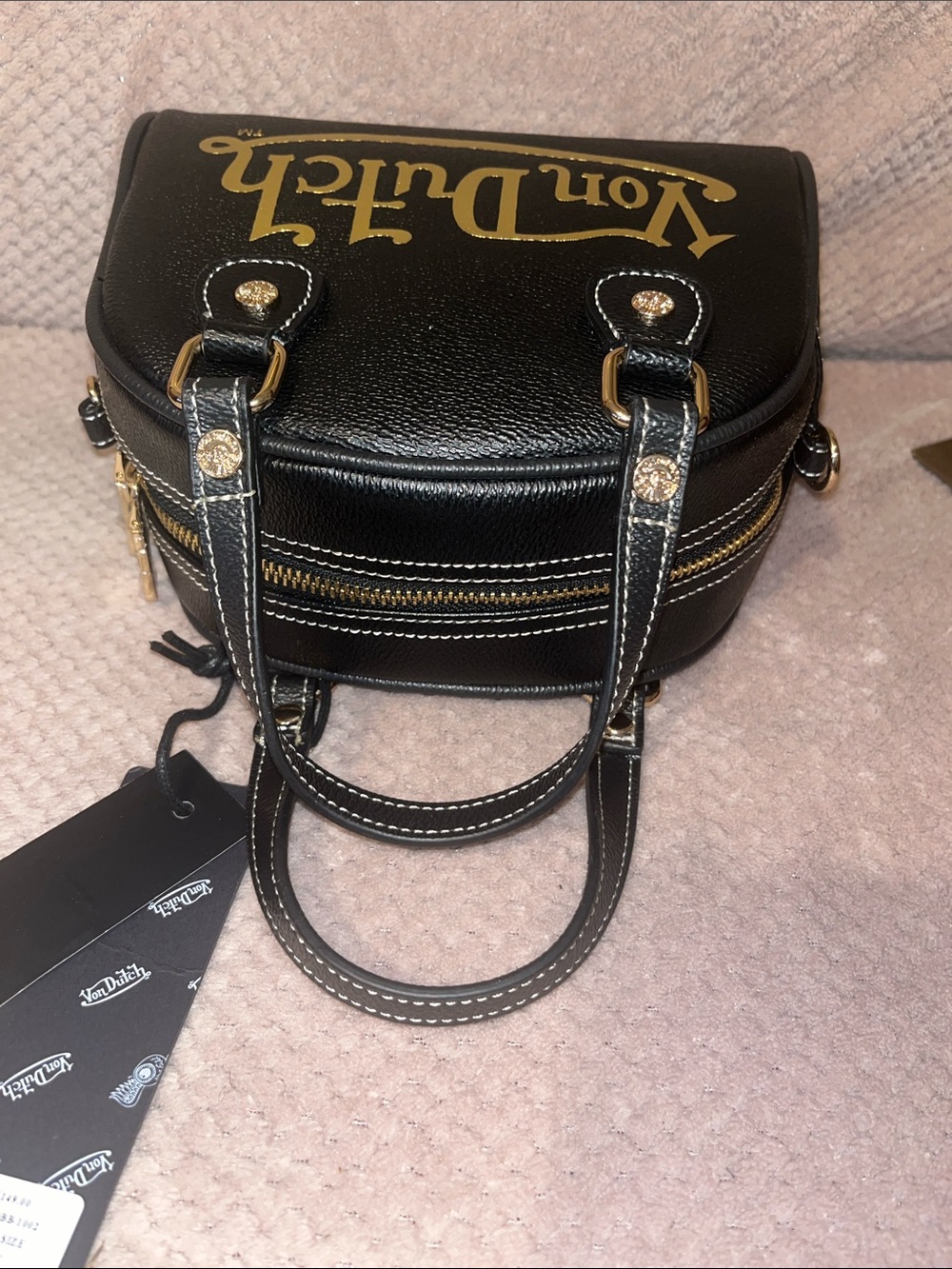 Von Dutch Black Mini Dome Handbag with Gold Logo Script - Picture 6 of 7